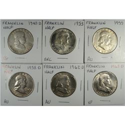 6-FRANKLIN HALF DOLLARS (48-D,53,55,58-D,62-D,63-D) VG-UNC
