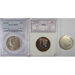 1964-D PCGS MS65,1969-S PCI PR-66 TONED & 1971-D MINT ERROR KENNEDY HALF DOLLARS