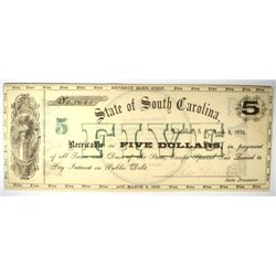 1872 $5 STATE OF SOUTH CAROLINA