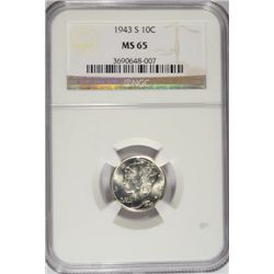 1943-S MERCURY DIME, NGC MS-65 GEM