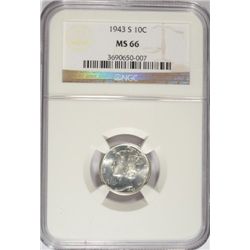 1943-S MERCURY DIME, NGC MS-66 SUPERB