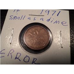 1971 CANADA PENNY ERROR STAMPED ON A DIME