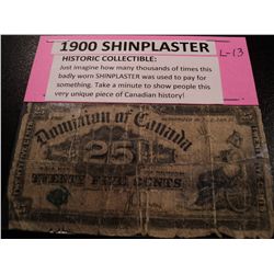 VERY ROUGH CANADA 1900 SHIN PLASTER BANK NOTE