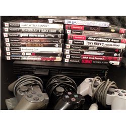 PLAYSTATION 2 WITH THREE CONTROLERS, ONE MEMORY CARD, 18+ GAMES - NO TRAY COVER