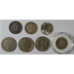 NICKELS: 1936-S AU, 1884 AG, 1917-D G-VG, DIMES: 1955-5 BU, 1876-CC G-VG, 1915-S