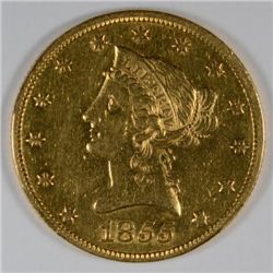 1855 $10.00 GOLD LIBERTY AU+