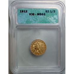 1912 $2.5 INDIAN GOLD COIN ICG MS-63 NICE!