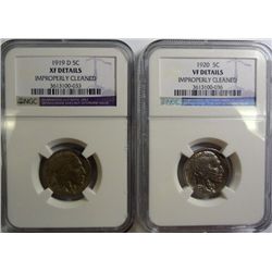 1919-D BUFFALO NICKEL NGC XF CLEANED, WITH A FREE 1920 VF NGC NICKEL!