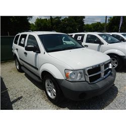 2008 DODGE DURANGO 4X4, S/N 1D8HB38N98F156157, V8 GAS, A/T, A/C, 80,621 MILES