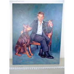 “CHRISTIAN SLATER WITH DOBERMAN“ BY BRIDGET DUFFY 36“ X 28“ ORIGINAL OIL PAINTING ON CANVAS