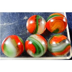 Marbles: Lot 24. 5 Red/Green Popeye Corkscrews. 5/8" to 21/32". Mint 9.7 to 9.8