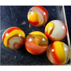 Marbles: Lot 25. 5 Red/Yellow Popeye Corkscrews. 5/8" to 21/32". Mint 9.7 to 9.8
