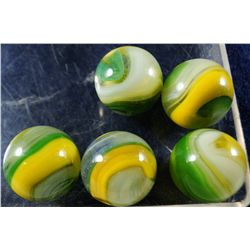 Marbles: Lot 26. 5 Green/Yellow Popeye Corkscrews. 5/8" to 21/32". Mint 9.7 to 9.8