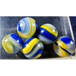 Marbles: Lot 27. 5 Blue/Yellow Popeye Corkscrews. 5/8" to 21/32". Mint 9.7 to 9.8
