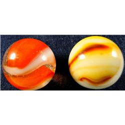Marbles: Lot 28. 2 Peltier Shooters. Sunset & Rainbo. 29/32" & 15/16". Mint 9.8.