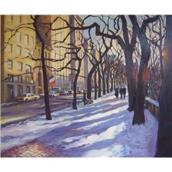 Michele Byrne, Snowfall by the Park, Oil on Canvas