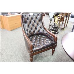 BROWN LEATHER TUFTED MAHOGANY FRAMED BENTWOOD CLUB CHAIR