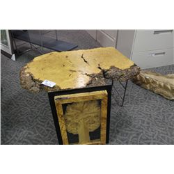 BURL TABLE, PICTURE & WOODEN BASE