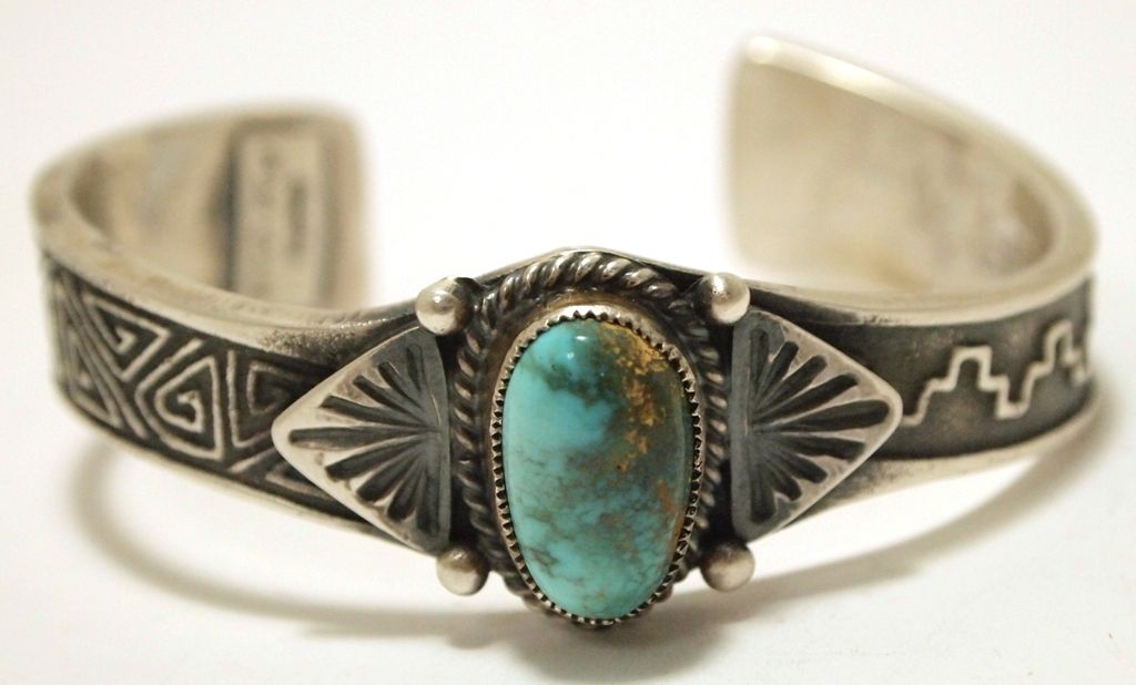 Old Pawn Navajo Kingman Turquoise Sterling Silver Offset Cuff Bracelet ...