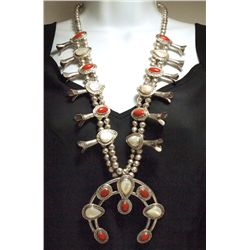 Old Pawn Navajo Mother of Pearl & Coral Sterling Silver Squash Blossom Necklace