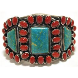 Old Pawn Navajo Coral & Turquoise Sterling Silver Cuff Bracelet - Kirk Smith