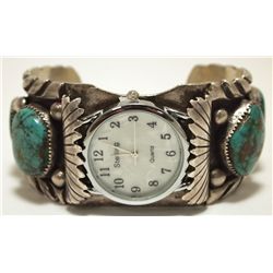 Vintage Old Pawn Navajo Royston Turquoise Sterling Silver Cuff Bracelet Men's Watch - EL