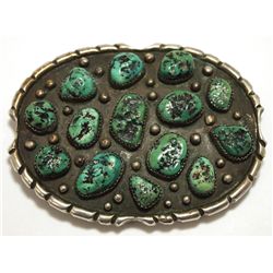 Vintage Old Pawn Navajo Green Fox Turquoise Sterling Silver Belt Buckle