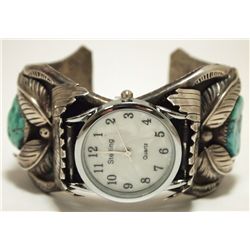 Vintage Old Pawn Navajo Coral & Turquoise Sterling Silver Cuff Bracelet Men's Watch - Arrow