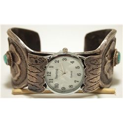 Vintage Old Pawn Navajo Turquoise Sterling Silver Tufa Cast Cuff Bracelet Men's Watch