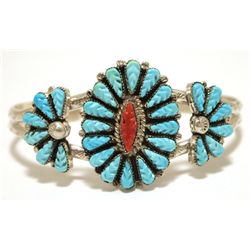 Old Pawn Zuni Coral & Turquoise Sterling Silver Cuff Bracelet - Robert Eustace