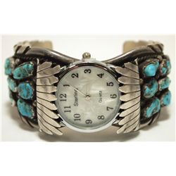 Vintage Old Pawn Navajo Turquoise Sterling Silver Cuff Bracelet Men's Watch - V Chee