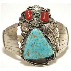 Vintage Old Pawn Navajo Coral & Spider Web Turquoise Sterling Silver Cuff Bracelet