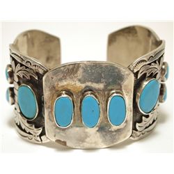Vintage Old Pawn Navajo Turquoise Sterling Silver Large Cuff Bracelet - HRY