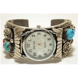 Old Pawn Navajo Coral & Turquoise Sterling Silver Cuff Bracelet Men's Watch - WD