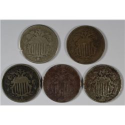 5- 1868 SHIELD NICKELS AG-GOOD