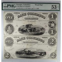 1856 $1 & $2 PROOF PAIR BANK OF COLUMBUS, GA PMG 53 TAPE REPAIR AND INTERNAL