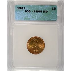 1901 INDIAN ONE CENT ICG PROOF65, RED GEM, SUPER! BLAZING RED, NO SPOTS, CHERRY!