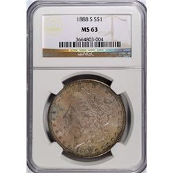 1888 S MORGAN DOLLAR NGC MS 63 TONED, COLORS!