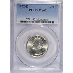 1932-D WASHINGTON QUARTER, PCGS MS-62 BLAST WHITE