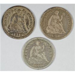 1850 VG, 1853 VF & 1871 FINE SEATED HALF DIMES