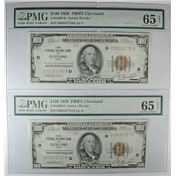 2- 1929 $100 FRB FR 1890D CLEVELAND NOTES, CONSECUTIVE SERIAL NUMBERS! VERY RARE