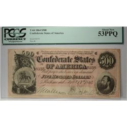 1864 $500 CONFEDERATE STATES OF AMERICA NOTE PCGS 53 PPQ