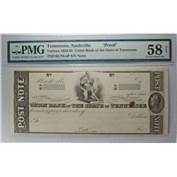 1833-65 PROOF UNION BANK OF THE STATE OF TENNESSEE, NASHVILLE POST NOTE PMG 58