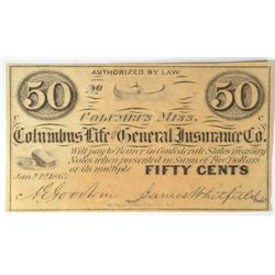 1864 FIFTY CENT COLUMBUS LIFE & GENERAL INSURANCE CO. COLUMBUS, MS