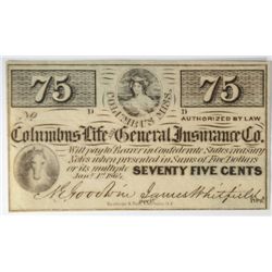 1864 SEVENTY-FIVE CENT COLUMBUS LIFE & GENERAL INSURANCE CO. COLUMBUS, MS