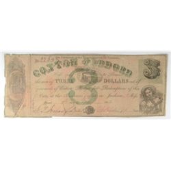 1862 $3 STATE OF MISSISSIPPI NOTE