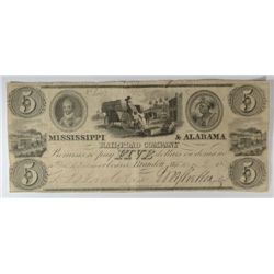 1837 $5 MISSISSIPPI & ALABAMA RAILROAD NOTE