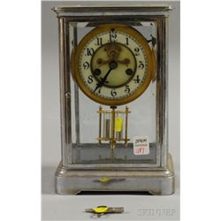 Nickel and Glass Mantel Clock beveled glass