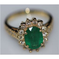 14K GOLD OVAL EMERALD AND DIAMOND RING