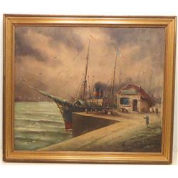 Oil on Canvas Docked Steam Yacht 19th C European